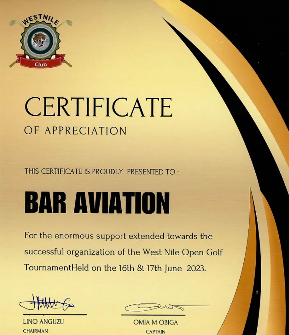 BAR Aviation certificate for golf